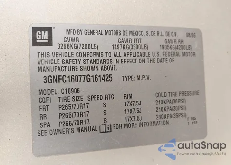 2007 Chevrolet Suburban 1500 Ls from USA, damaged, VIN 3GNFC16077G161425